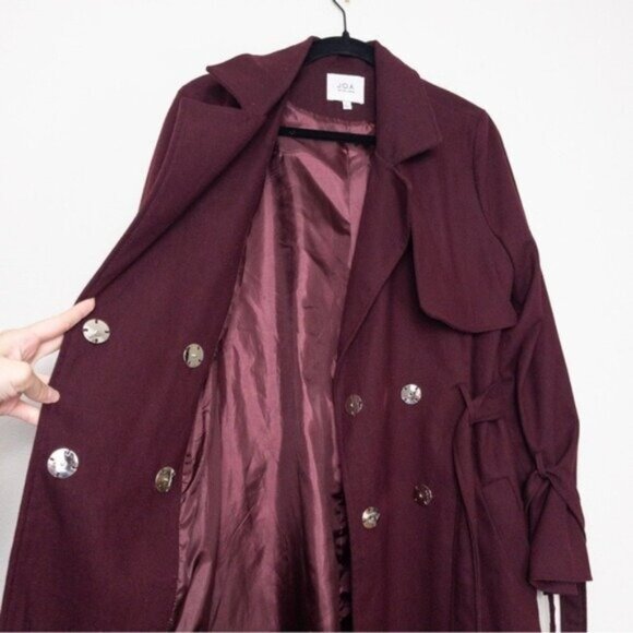 NEW J.O.A Belted Trench Coat S Burgundy Maroon Tie Cuff Double Breasted Utility - Picture 3 of 12